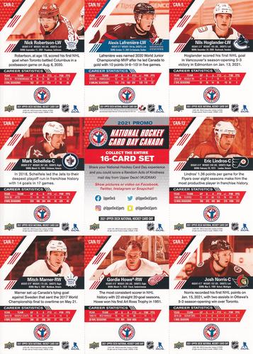 2021 Upper Deck National Hockey Card Day Canada - Sheets #CAN-2/3/5/7/9/13/15/16 Nils Hoglander / Alexis Lafreniere / Nick Robertson / Eric Lindros / Checklist / Mark Scheifele / Josh Norris / Gordie Howe / Mitch Marner Back