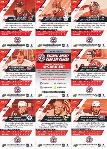 2021 Upper Deck National Hockey Card Day Canada - Sheets #CAN-1/2/4/6/8/9/11/15 Carter Hart / Nick Robertson / Tim Stutzle / Connor McDavid / Checklist / Gordie Howe / Alexander Romanov / Mario Lemieux / Mark Scheifele Back