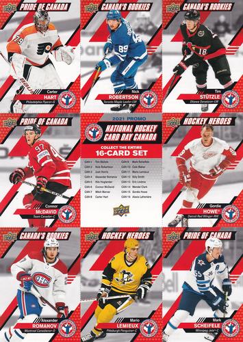 2021 Upper Deck National Hockey Card Day Canada - Sheets #CAN-1/2/4/6/8/9/11/15 Carter Hart / Nick Robertson / Tim Stutzle / Connor McDavid / Checklist / Gordie Howe / Alexander Romanov / Mario Lemieux / Mark Scheifele Front