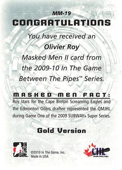 2015-16 In The Game Final Vault - 2009-10 In The Game Between The Pipes - Masked Men II Gold (Green Vault Stamp) #MM-19 Olivier Roy Back