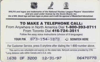 1996-97 Score Board 7-Eleven Phone Cards #7 Joe Sakic Back