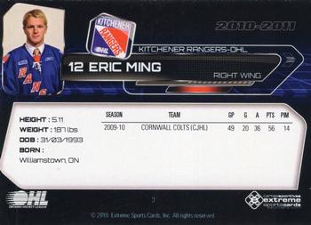 2010-11 Extreme Kitchener Rangers (OHL) #3 Eric Ming Back