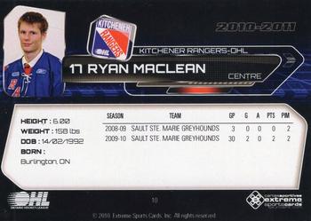 2010-11 Extreme Kitchener Rangers (OHL) #10 Ryan MacLean Back
