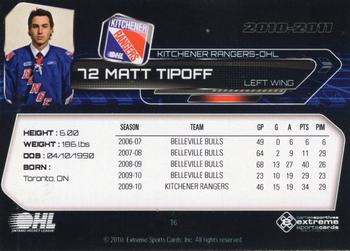 2010-11 Extreme Kitchener Rangers (OHL) #16 Matthew Tipoff Back