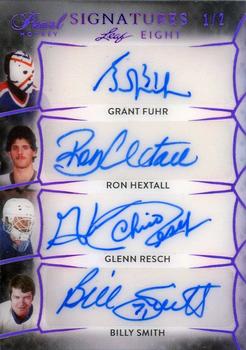2020-21 Leaf Pearl - Pearl Signatures 8 Purple #SE-10 Grant Fuhr / Ron Hextall / Glenn Resch / Billy Smith / Dan Bouchard / Mike Palmateer / Gilles Meloche / John Garrett Front