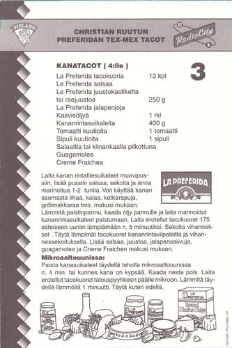 1995-96 Radio City Finnish National Team Recipes #3 Christian Ruuttu Back