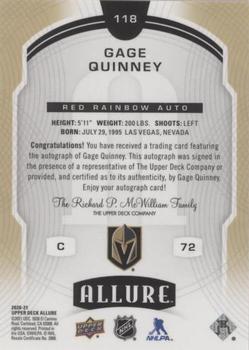 2020-21 Upper Deck Allure - Red Rainbow Autographs #118 Gage Quinney Back
