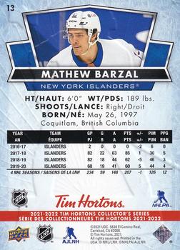 2021-22 Upper Deck Tim Hortons #13 Mathew Barzal Back