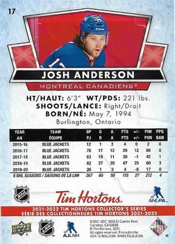 2021-22 Upper Deck Tim Hortons #17 Josh Anderson Back