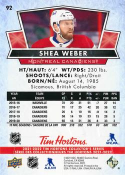 2021-22 Upper Deck Tim Hortons #92 Shea Weber Back