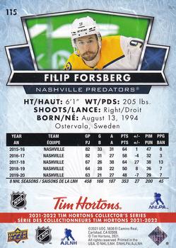 2021-22 Upper Deck Tim Hortons #115 Filip Forsberg Back