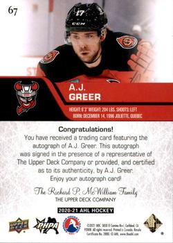 2020-21 Upper Deck AHL - Autographs #67 A.J. Greer Back