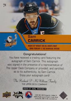2020-21 Upper Deck AHL - Autographs #71 Sam Carrick Back