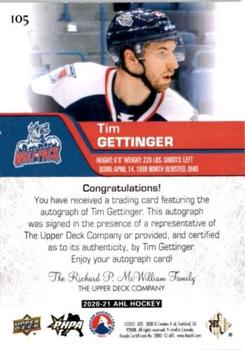 2020-21 Upper Deck AHL - Autographs #105 Tim Gettinger Back