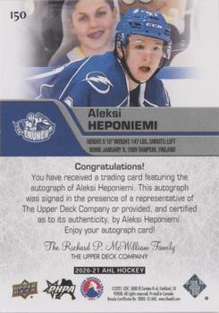 2020-21 Upper Deck AHL - Autographs #150 Aleksi Heponiemi Back