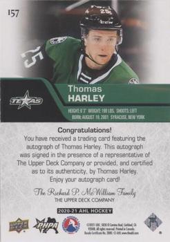 2020-21 Upper Deck AHL - Autographs #157 Thomas Harley Back