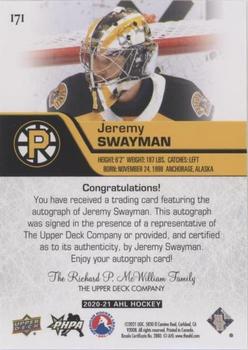 2020-21 Upper Deck AHL - Autographs #171 Jeremy Swayman Back