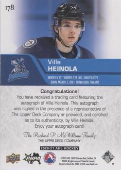 2020-21 Upper Deck AHL - Autographs #178 Ville Heinola Back