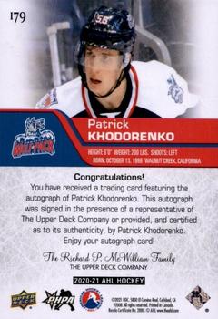 2020-21 Upper Deck AHL - Autographs #179 Patrick Khodorenko Back