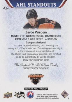 2020-21 Upper Deck AHL - Autographs #232 Zayde Wisdom Back