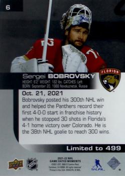 2021-22 Upper Deck Game Dated Moments #6 Sergei Bobrovsky Back