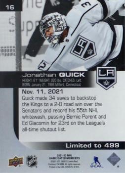 2021-22 Upper Deck Game Dated Moments #16 Jonathan Quick Back