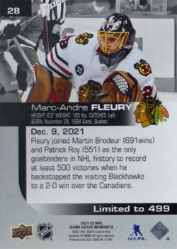 2021-22 Upper Deck Game Dated Moments #28 Marc-Andre Fleury Back