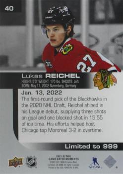 2021-22 Upper Deck Game Dated Moments #40 Lukas Reichel Back
