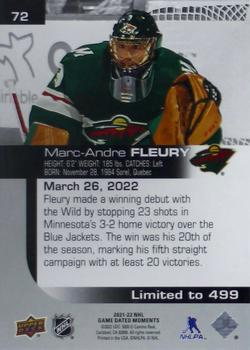 2021-22 Upper Deck Game Dated Moments #72 Marc-Andre Fleury Back