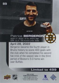 2021-22 Upper Deck Game Dated Moments #89 Patrice Bergeron Back