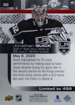 2021-22 Upper Deck Game Dated Moments #92 Jonathan Quick Back