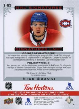 2021-22 Upper Deck Tim Hortons - NHL Signatures #S-NS Nick Suzuki Back
