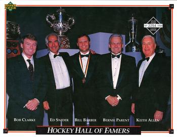 1992-93 Upper Deck Philadelphia Flyers #NNO Hockey Hall of Famers (Bob Clarke / Ed Snider / Bill Barber / Bernie Parent / Keith Allen) Front