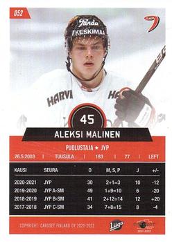 2021-22 Cardset Finland #052 Aleksi Malinen Back