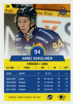 2021-22 Cardset Finland #288 Anrei Hakulinen Back