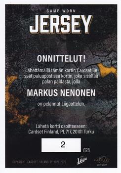 2021-22 Cardset Finland - Game Worn Jersey Redemption #NNO Markus Nenonen Back