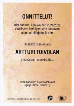 2021-22 Cardset Finland - Signature #NNO Artturi Toivola Back