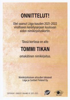 2021-22 Cardset Finland - Signature #NNO Tommi Tikka Back