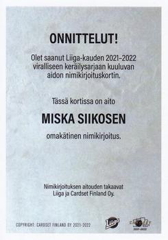 2021-22 Cardset Finland - Signature #NNO Miska Siikonen Back