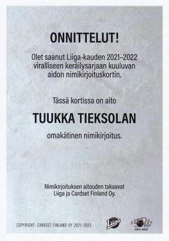 2021-22 Cardset Finland - Signature #NNO Tuukka Tieksola Back