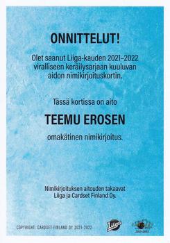 2021-22 Cardset Finland - Signature #NNO Teemu Eronen Back