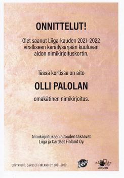 2021-22 Cardset Finland - Signature #NNO Olli Palola Back