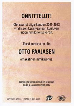 2021-22 Cardset Finland - Signature #NNO Otto Paajanen Back