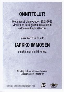 2021-22 Cardset Finland - Signature #NNO Jarkko Immonen Back