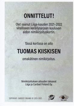 2021-22 Cardset Finland - Signature #NNO Tuomas Kiiskinen Back