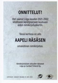2021-22 Cardset Finland - Signature #NNO Aapeli Räsänen Back