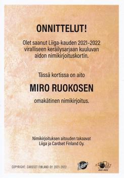 2021-22 Cardset Finland - Signature Limited Edition #NNO Miro Ruokonen Back