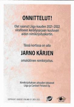 2021-22 Cardset Finland - Signature Limited Edition #NNO Jarno Kärki Back
