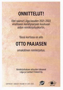 2021-22 Cardset Finland - Signature Limited Edition #NNO Otto Paajanen Back