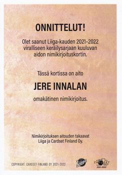 2021-22 Cardset Finland - Signature Limited Edition #NNO Jere Innala Back
